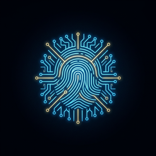 Ícone de identidade visual para o blog protocolohumanos.com com dimensões de 512x512 pixels, apresentando uma fusão geométrica e estilizada de uma impressão digital humana com circuitos eletrônicos integrados, brilhando em tons de azul elétrico e ouro sobre um fundo escuro e tecnológico.
