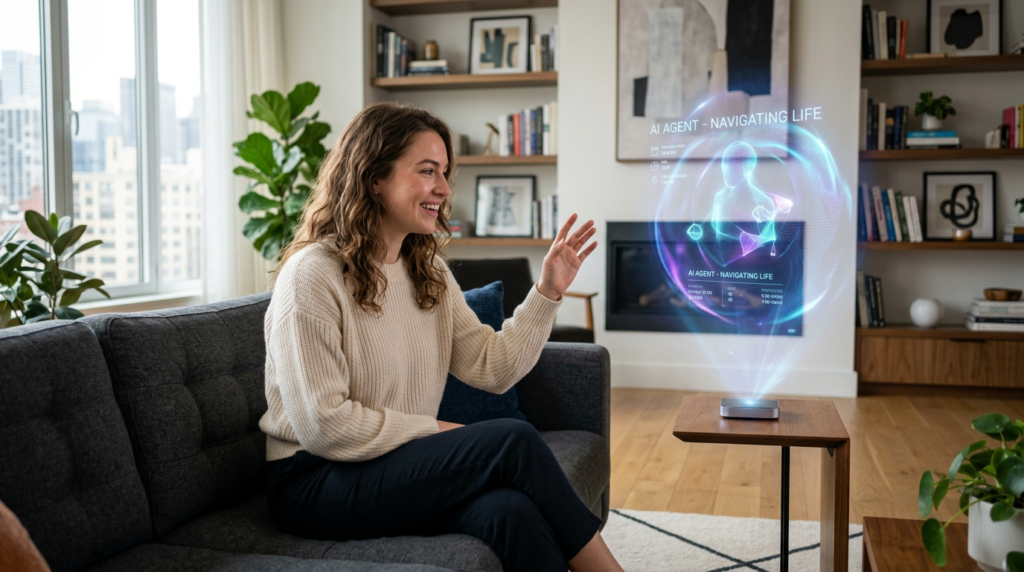  Realistic human woman in a sophisticated modern living room interacting with a futuristic holographic AI agent, illustrating the seamless integration of technology in 2027.