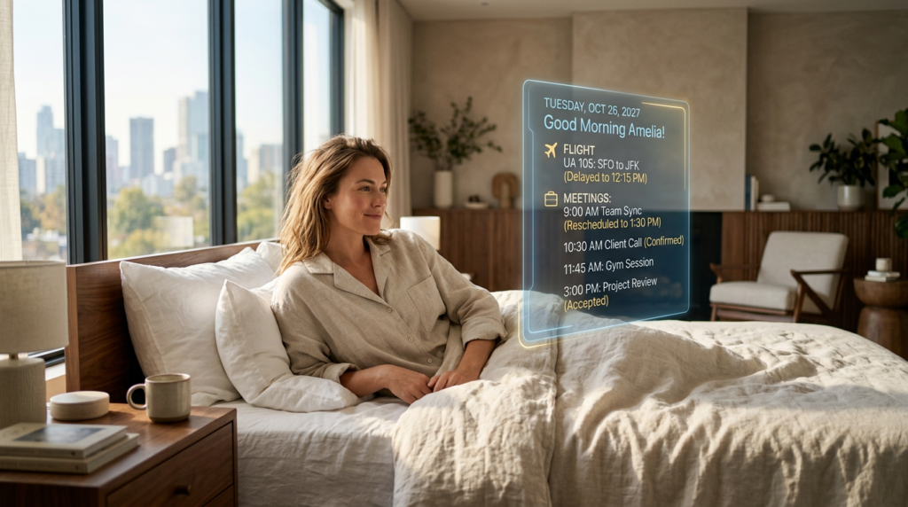 A highly realistic photographic image of a real, beautiful human woman waking up in a luxurious, sunlit modern bedroom, interacting with a sophisticated translucent holographic schedule display showing her AI agent's updates for the day.