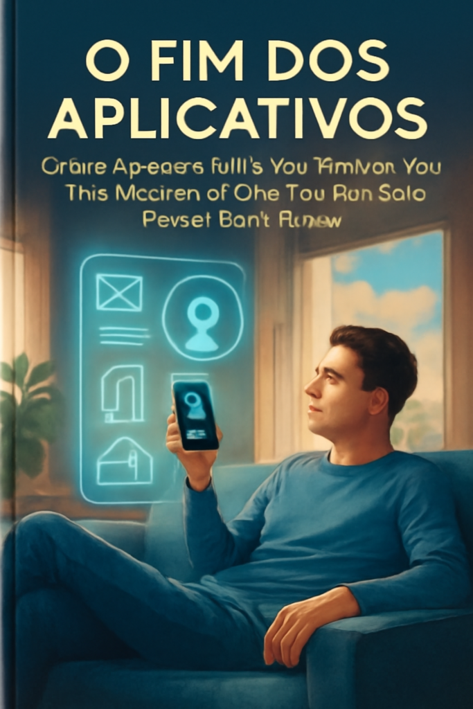 Um homem jovem e sorridente, vestido de azul, está relaxado em uma poltrona azul, olhando para seu smartphone. Ao fundo, uma interface holográfica azul-clara com ícones de e-mail, configurações, casa e um avatar de perfil, sugerindo a integração de agentes de IA na vida digital."