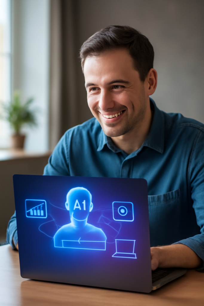 "Um homem sorridente e de aparência amigável, vestindo uma camisa azul, está sentado em uma mesa de madeira, olhando para a tela de um laptop. Na tela do laptop, há uma interface holográfica azul brilhante com um ícone central de um avatar com as letras 'AI' no rosto, conectado por linhas luminosas a outros ícones tecnológicos, como gráficos de barras, uma câmera e um laptop menor, transmitindo uma sensação de tecnologia humanizada e inovação."