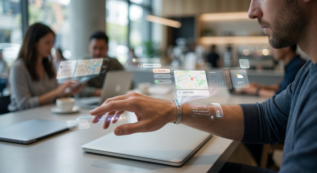 Profissional sorridente em escritório Homem em ambiente de coworking usa um dispositivo no pulso para controlar uma interface holográfica com mapas, calendário e widgets de clima sobre a mesa, representando uma rotina em 2027 em que ações digitais são feitas por intenção, sem abrir aplicativos.