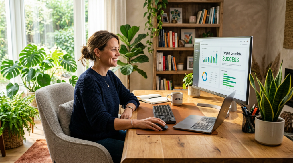"Uma pessoa em um escritório doméstico moderno e iluminado, sentada confortavelmente em uma cadeira aconchegante, sorrindo para a tela do computador com expressão de satisfação e foco. O ambiente possui plantas verdes, mesa de madeira e luz natural suave, transmitindo alta performance e bem-estar."