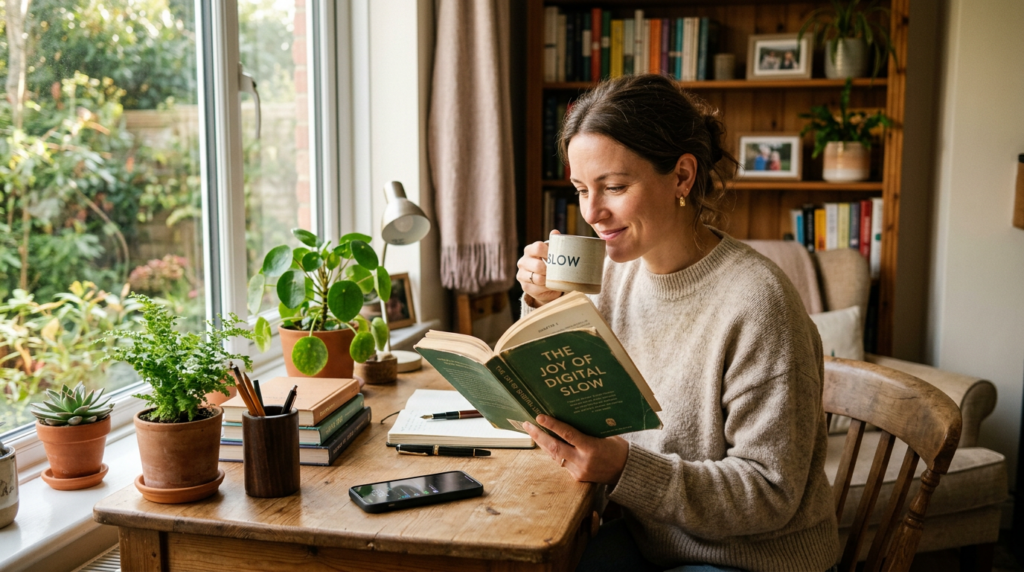 "Uma pessoa em um escritório doméstico iluminado pela luz da manhã, segurando uma caneca de café e optando por ler um livro físico em vez de olhar para o celular sobre a mesa. O ambiente é acolhedor, com plantas verdes, transmitindo a essência do movimento Digital Slow."