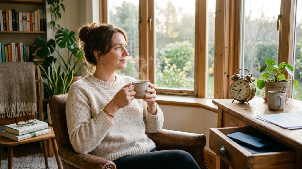 "Uma pessoa sentada confortavelmente em um ambiente acolhedor pela manhã, segurando uma caneca de café e contemplando a luz natural que entra pela janela. O celular está guardado, fora de alcance. Um despertador físico está sobre a mesa. A cena transmite paz, presença e o início do dia sem telas, ilustrando o Despertar Analógico do protocolo Digital Slow."