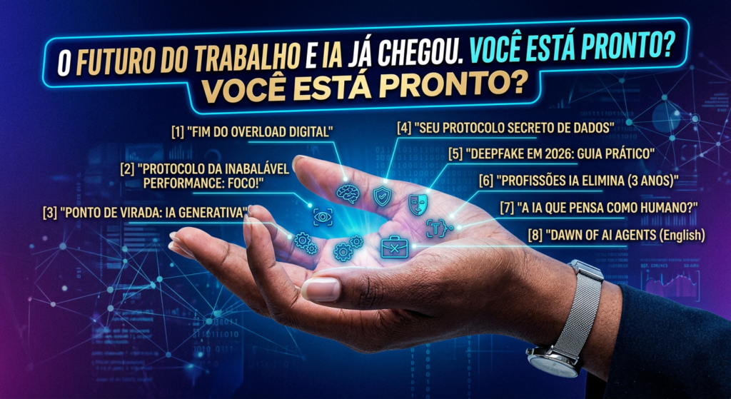 Mão humana em primeiro plano com interface holográfica azul de ícones de IA flutuando acima da palma, sobre fundo tecnológico com rede e gráficos; no topo, texto grande “O FUTURO DO TRABALHO E IA JÁ CHEGOU. VOCÊ ESTÁ PRONTO?” e, ao redor, chamadas numeradas para temas como overload digital, foco, IA generativa, dados, deepfake e profissões.
Mão humana em primeiro plano com interface holográfica azul de ícones de IA flutuando acima da palma, sobre fundo tecnológico com rede e gráficos; no topo, texto grande “O FUTURO DO TRABALHO E IA JÁ CHEGOU. VOCÊ ESTÁ PRONTO?” e, ao redor, chamadas numeradas para temas como overload digital, foco, IA generativa, dados, deepfake e profissões.