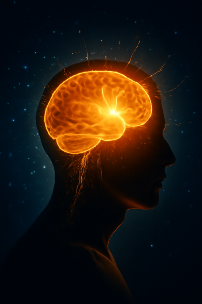 Uma silhueta de perfil de uma cabeça humana, com o cérebro brilhando intensamente em tons de laranja e dourado, emitindo faíscas e energia, sobre um fundo escuro com pontos de luz.