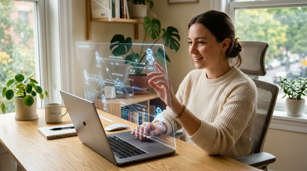 Uma pessoa em um escritório iluminado por luz natural, interagindo com uma interface holográfica flutuante que exibe nós de dados, linhas de conexão e fluxos de informação. Plantas verdes, mesa de madeira e um ambiente acolhedor transmitem a mensagem de que a tecnologia é uma ferramenta humana, não misticismo.