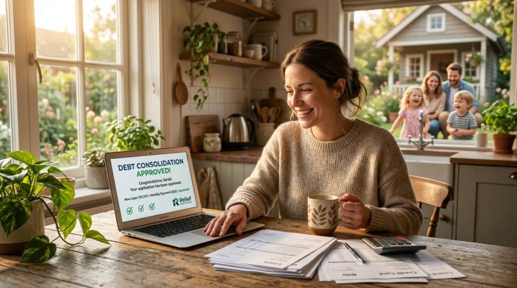 ung woman sitting at a wooden kitchen table, smiling with relief while looking at a laptop screen showing a debt consolidation loan approval. Natural sunlight illuminates the scene. She holds a coffee mug, financial papers on the table. Warm, hopeful atmosphere.