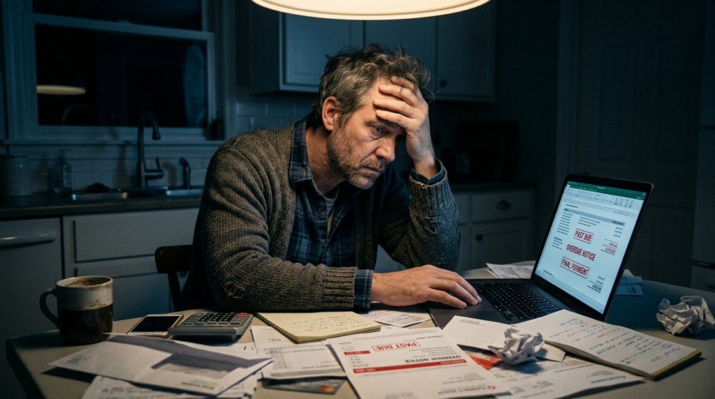 man stressed with credit card bills and overdue payments debt crisis late night home office financial struggle