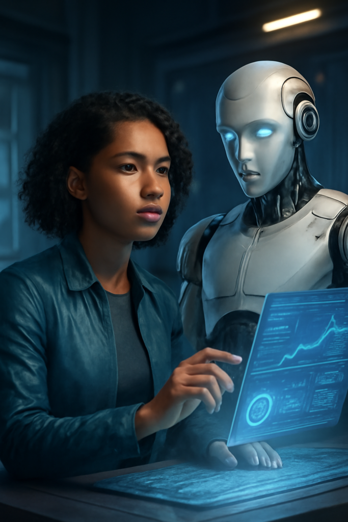 mulher, robô, android, colaboração, laboratório futurista, interface holográfica, simbiose humano-máquina, inteligência artificial, futuro do trabalho — ideais para ranqueamento em artigos sobre IA, agentes de IA e futuro da tecnologia.