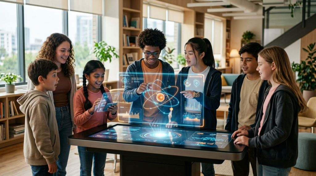 Diverso grupo de jovens da Geração Z e Alpha interagindo com interface holográfica de inteligência artificial em sala iluminada, nativos digitais explorando tecnologia do futuro naturalmente"
