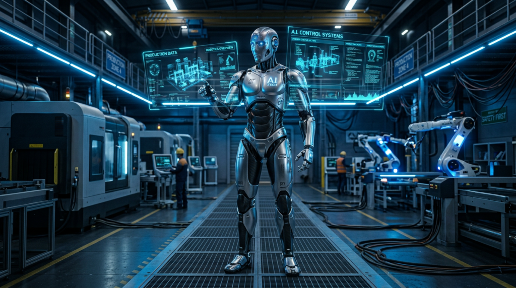 Robô humanoide futurista em fábrica moderna com painéis holográficos e iluminação neon azul representando a Physical AI e inteligência artificial robótica em 2026