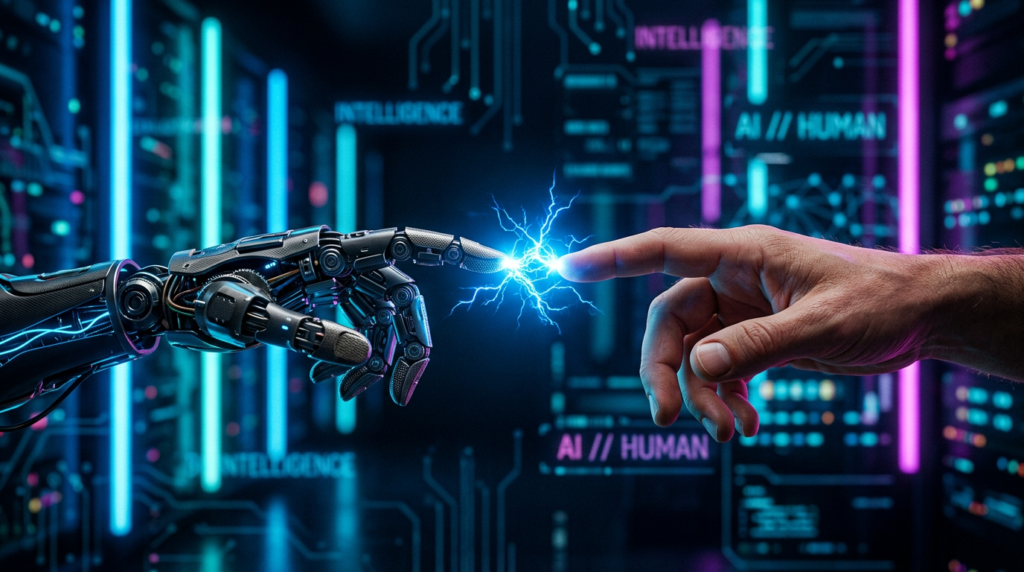 Mão robótica e mão humana prestes a se tocar com faísca elétrica azul simbolizando a colaboração entre humanos e inteligência artificial na era dos robôs humanoides