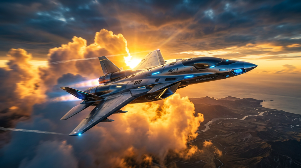 Jato robô futurista voando entre nuvens douradas ao pôr do sol, com design autônomo sem cabine aparente, estrutura metálica elegante e visual tecnológico de alta performance, representando a nova era da aviação autônoma com inteligência artificial.