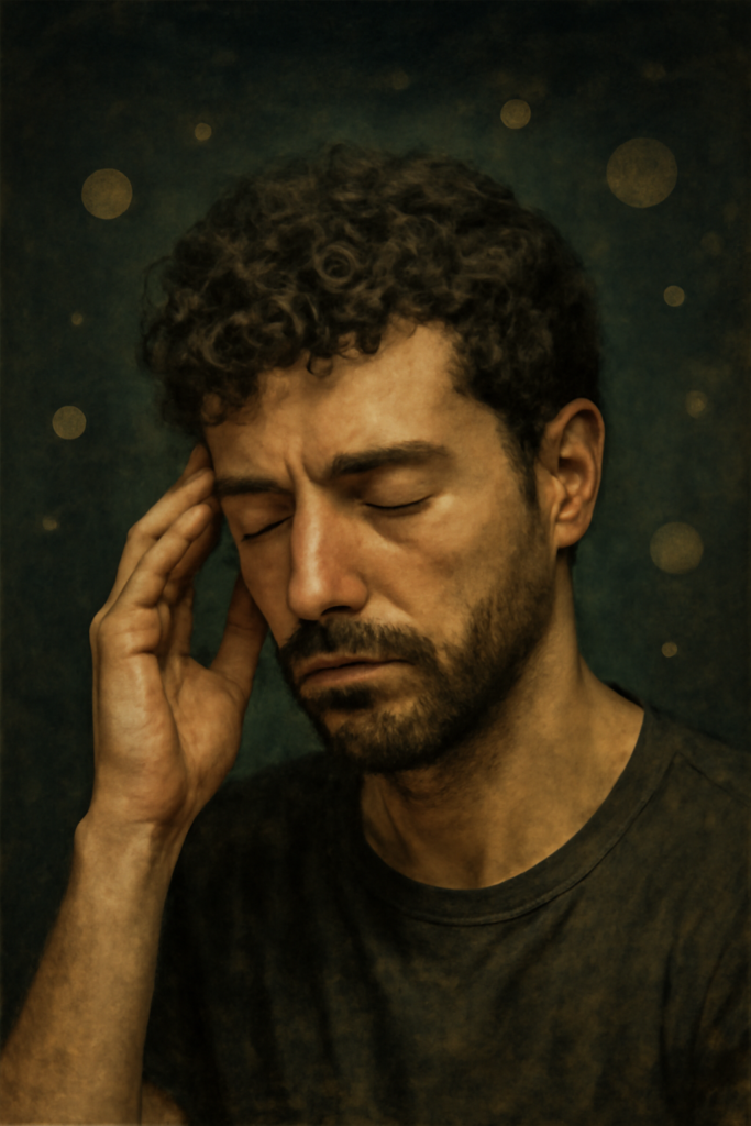 Um homem com cabelo encaracolado e barba rala, com uma expressão pensativa e os olhos fechados, apoiando a mão direita na têmpora. A imagem tem uma paleta de cores escuras e texturizadas, com bolhas abstratas flutuando ao fundo, sugerindo introspecção.