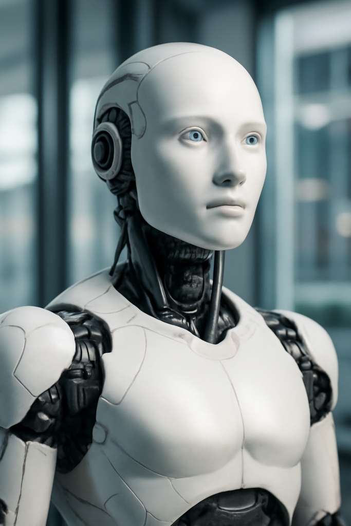 "Close-up de um robô humanoide com pele branca lisa e olhos azuis penetrantes, olhando para o lado direito. Seu pescoço e parte dos ombros revelam estruturas mecânicas escuras e detalhadas, contrastando com a superfície externa polida. O fundo desfocado sugere um ambiente moderno e futurista, como um escritório ou laboratório."