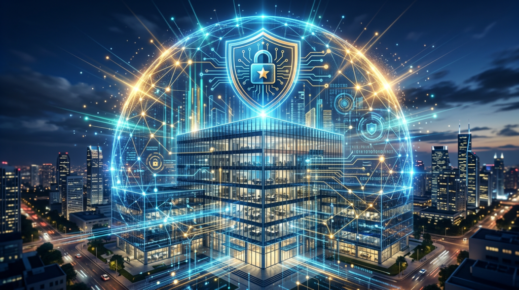 Escudo holográfico tridimensional brilhando em tons de azul e dourado sobreposto a um escritório corporativo moderno e tecnológico, com fluxos de dados e nós de segurança conectados, ilustrando proteção de dados avançada e resiliência digital corporativa.