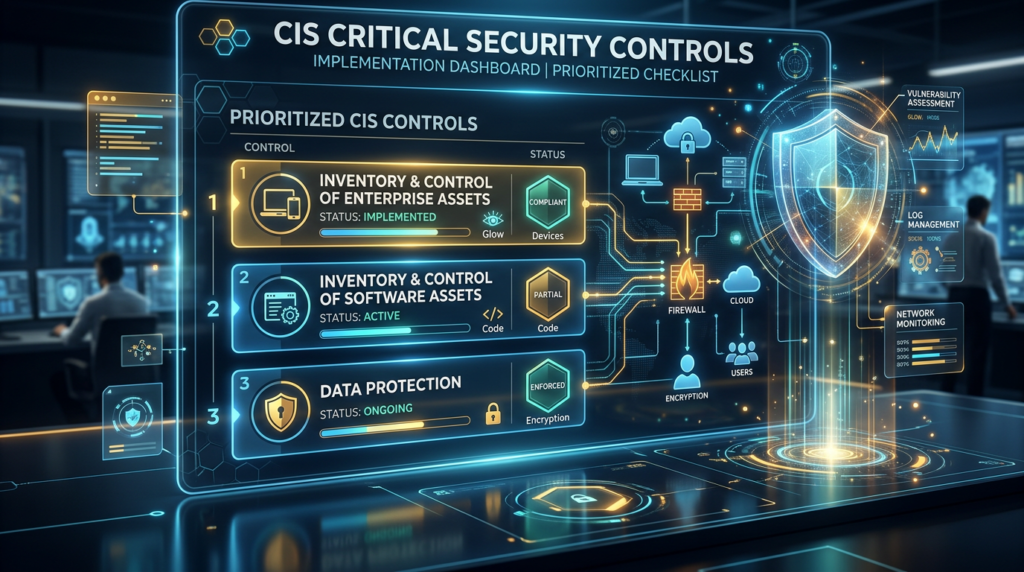Interface de painel digital de cibersegurança exibindo uma lista de verificação priorizada de controles críticos do CIS, com elementos holográficos de proteção e diagramas de fluxo de rede em tons de azul e dourado.