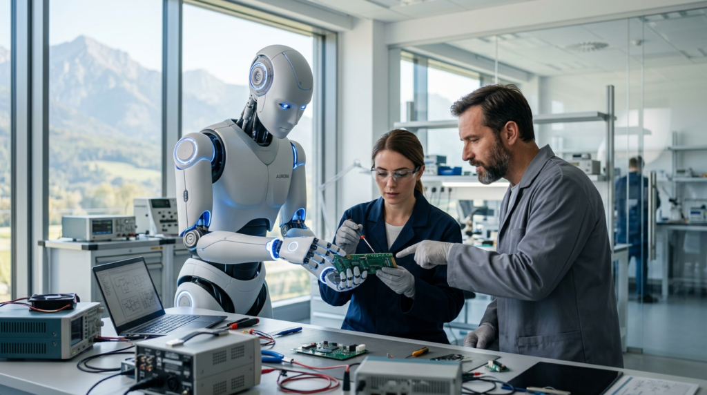 
"Robô humanoide de última geração com chassi branco e articulações azuis brilhantes trabalhando em conjunto com técnicos em laboratório moderno iluminado por luz natural, representando a robótica e tecnologia avançada"
