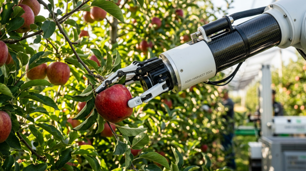 "Braço robótico branco de alta precisão colhendo maçã vermelha madura diretamente de uma árvore em pomar sustentável e tecnológico, ilustrando a agrorobótica e automação no campo"