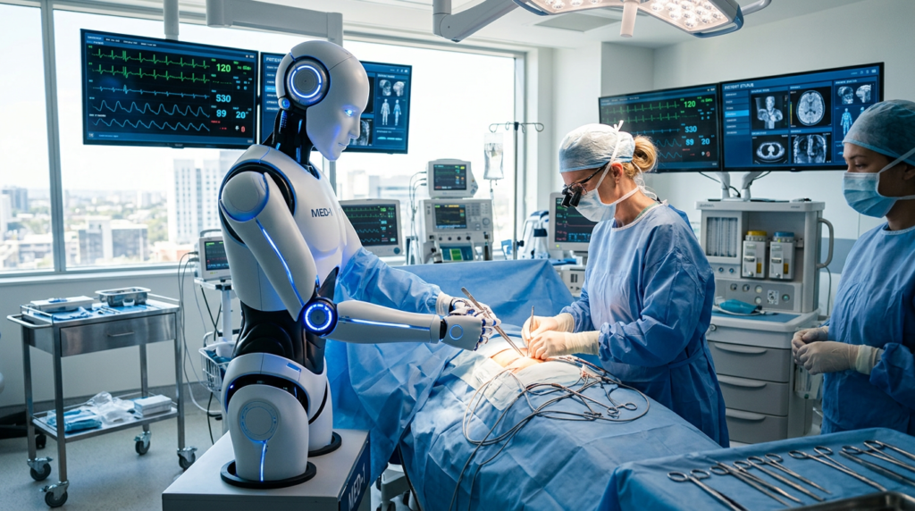 "Robô humanoide avançado com chassi fosco e articulações azuis brilhantes auxiliando médicos em sala de cirurgia moderna com monitores digitais, representando a robótica médica de alta precisão"