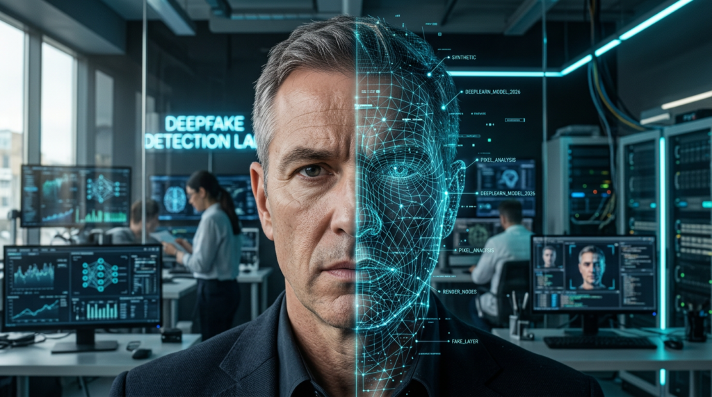 "Close-up realista de um rosto humano dividido verticalmente: o lado esquerdo exibe pele humana natural com iluminação quente, enquanto o lado direito revela uma malha digital de alta tecnologia em tons de azul neon e ciano, simbolizando a criação de um DeepFake. Fundo de um laboratório tecnológico moderno com iluminação cinematográfica, estética de 2026."