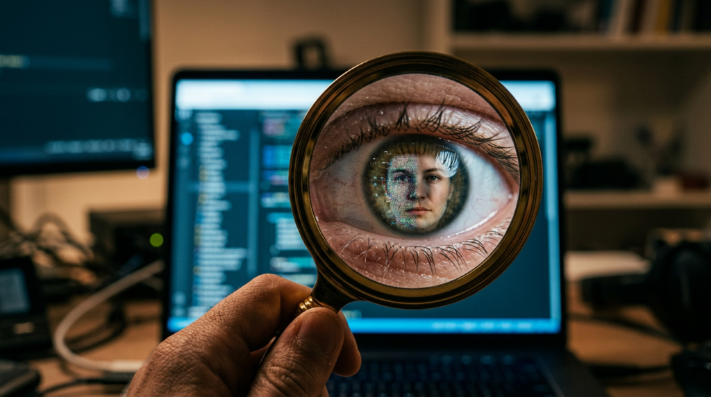 Macro fotografia realista de um olho humano focado em uma tela digital. No reflexo da pupila, é possível ver um rosto fundindo-se com pixels e dados digitais, ilustrando a dificuldade de distinguir humanos de DeepFakes. Iluminação cinematográfica com tons de azul e detalhes microscópicos da íris.