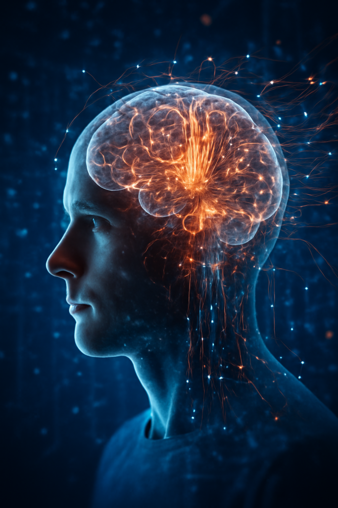 Um homem com expressão séria e pensativa, com a mão direita apoiada na têmpora, em um ambiente com iluminação suave e tons escuros, sugerindo introspecção e reflexão profunda. Pequenos círculos abstratos flutuam ao fundo, como bolhas de pensamento.