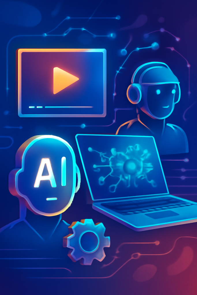 Ilustração colorida em estilo futurista mostrando um ecossistema de IA generativa: um rosto estilizado com as letras “AI”, um laptop com um cérebro digital, um avatar com headset e um player de vídeo, todos conectados por circuitos brilhantes em tons de azul e laranja, representando automação, agentes e criação de vídeos por inteligência artificial.