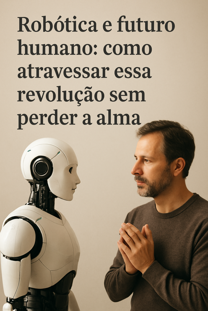 Homem em pé diante de um robô humanoide branco em um ambiente neutro, com as mãos unidas em gesto de reflexão, enquanto encara a máquina, ao lado do texto “Robótica e futuro humano: como atravessar essa revolução sem perder a alma”, simbolizando o encontro entre tecnologia e espiritualidade na era da robótica.