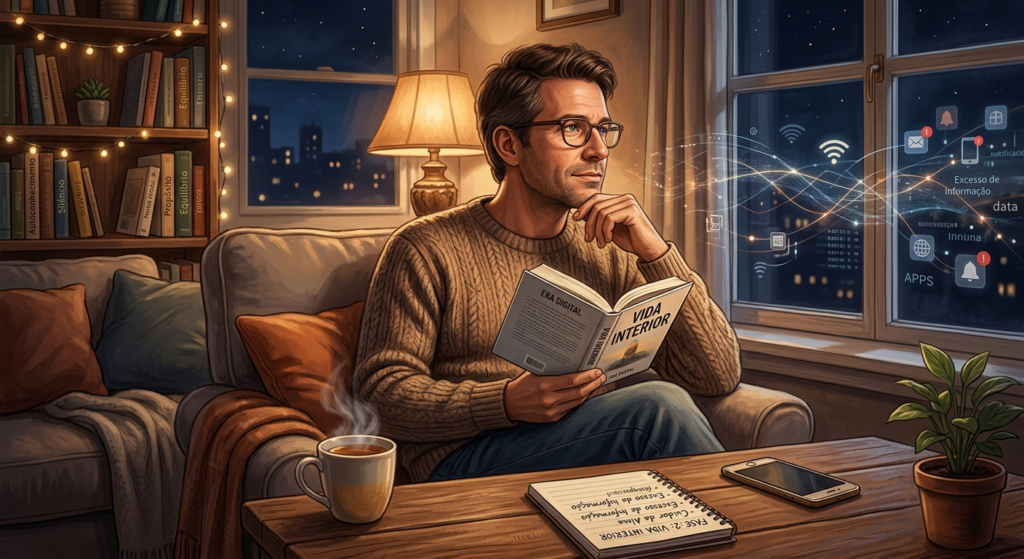 Pessoa sentada em um sofá aconchegante à noite, lendo um livro intitulado “Vida Interior” em uma sala iluminada por luz quente, com caneca de café fumegante e caderno sobre a mesa, enquanto do lado de fora da janela aparecem ícones digitais e fluxos de dados brilhando no céu, simbolizando o cuidado da alma em meio ao excesso de informação da era digital.