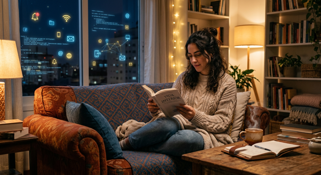 Pessoa sentada na cama à noite em um quarto escuro, segurando um smartphone e rolando o feed com expressão de ansiedade, enquanto ao redor da cabeça aparecem ícones de redes sociais e notificações brilhando, simbolizando a pressão das vitrines digitais e o impacto da comparação e do excesso de informação sobre a vida interior.