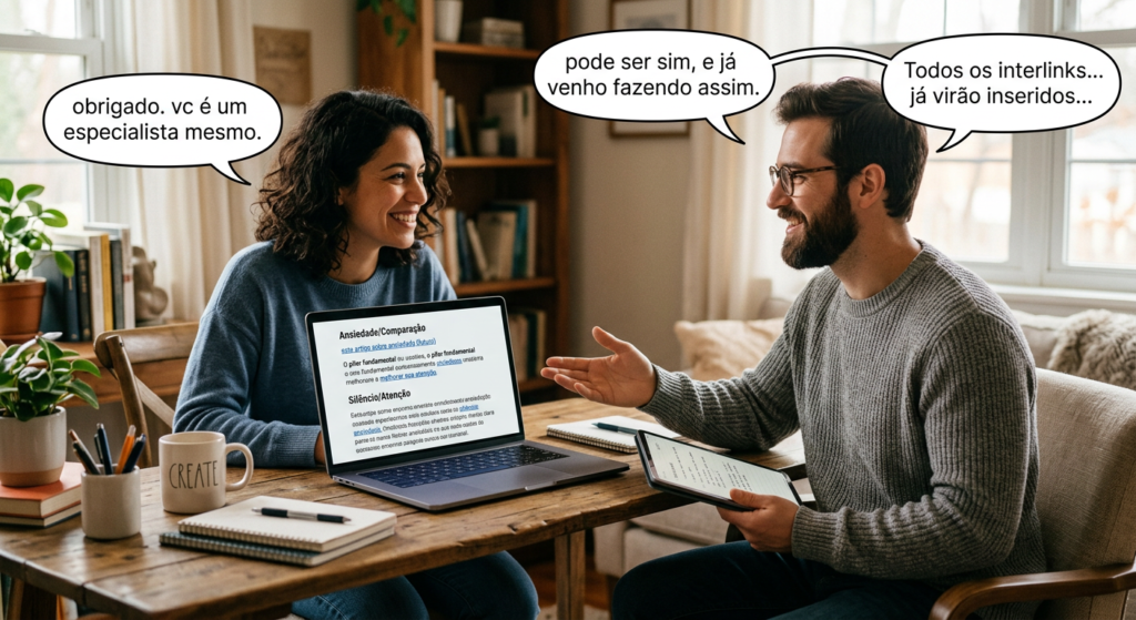 Casal trabalhando em casa à mesa da sala, com a mulher usando um laptop que exibe um artigo sobre ansiedade, comparação e silêncio na era digital, enquanto o homem, ao lado, segura um tablet e gesticula explicando algo; ambos conversam em um ambiente acolhedor com livros e plantas, simbolizando a construção conjunta de um blog focado em vida interior e tecnologia.