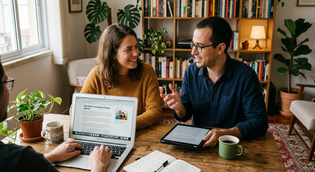Três pessoas reunidas em uma sala aconchegante, sentadas ao redor de uma mesa de madeira com cadernos, canecas e plantas, enquanto uma delas mostra em um laptop um artigo sobre vida interior e tecnologia e outra segura um tablet, simbolizando a construção colaborativa de um blog sobre cuidado da alma na era digital.