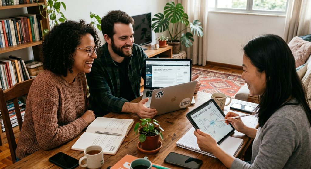Grupo de pessoas reunidas em uma sala aconchegante, sentadas ao redor de uma mesa de madeira com notebooks, cadernos, plantas e canecas de café, enquanto colaboram na tela de laptops e tablets na escrita de artigos sobre vida interior e tecnologia, simbolizando a construção conjunta de um blog em um ambiente acolhedor e humano.