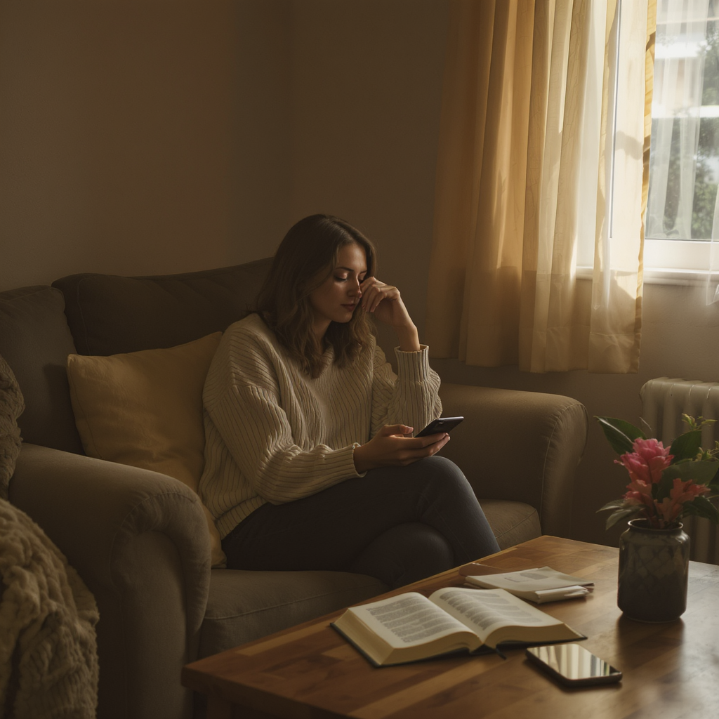 Pessoa sentada em uma sala simples e aconchegante, com o celular virado para baixo sobre a mesa de centro e as mãos apoiadas em uma caneca de café, olhando pela janela com expressão tranquila, enquanto a luz suave entra no ambiente, simbolizando a escolha de colocar limites saudáveis no uso do celular para preservar silêncio, presença e vida interior.