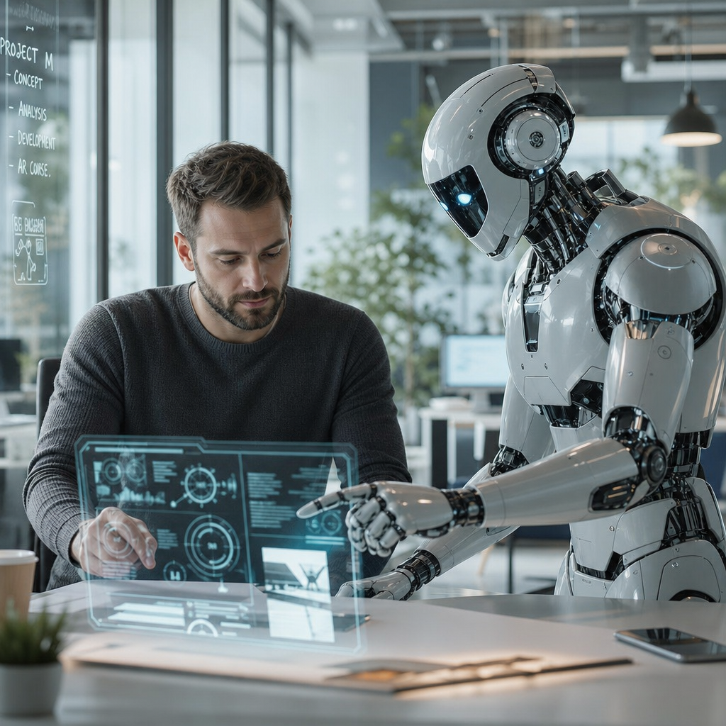 "Humano e robô colaborativo (cobot) trabalhando juntos em um escritório moderno e tecnológico."