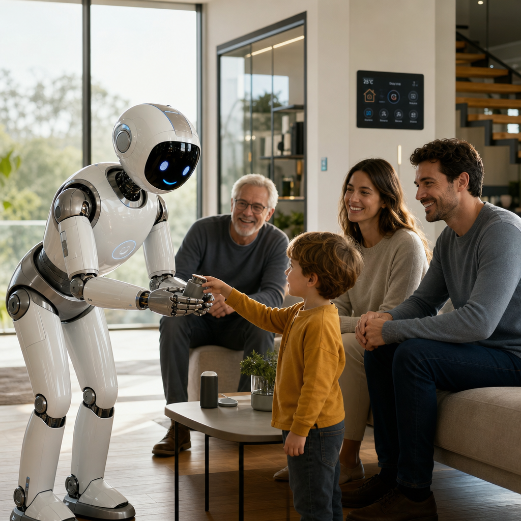 "Robô assistente humanizado interagindo com uma família em uma sala de estar moderna e tecnológica."
