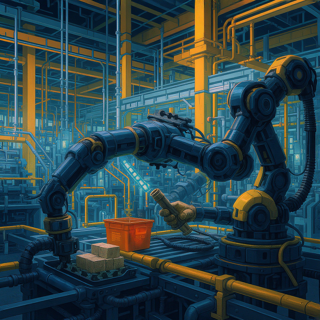 Braço robótico industrial operando em uma fábrica automatizada, manipulando caixas em uma linha de montagem cercada por tubulações e estruturas metálicas, simbolizando a robótica transformando o trabalho e a produção.