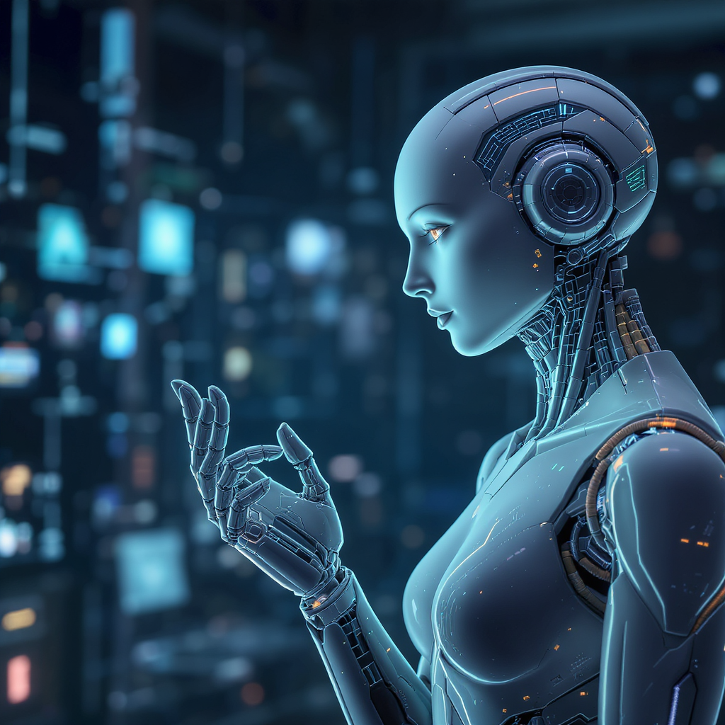 “Robô humanoide futurista em ambiente tecnológico cheio de telas luminosas ao fundo, com o corpo metálico detalhado em postura de explicação, representando a presença avançada da robótica e da inteligência artificial na sociedade.”