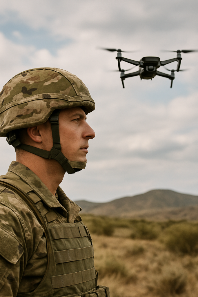 Soldado em uniforme camuflado observando um drone militar em voo baixo sobre uma paisagem árida, ilustrando o uso de robótica e sistemas autônomos em operações de guerra e vigilância.
