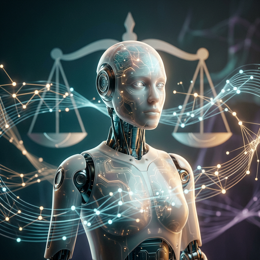 A composição apresenta um robô humanóide contemplativo como figura central, com circuitaria e redes neurais visíveis através de pele sintética translúcida. Ao redor, padrões geométricos fluidos representam fluxos de dados e frameworks éticos, enquanto símbolos sutis de justiça integram-se à paisagem digital. A iluminação cinematográfica em azuis teais e âmbares quentes cria uma atmosfera que equilibra tecnologia e filosofia moral.
